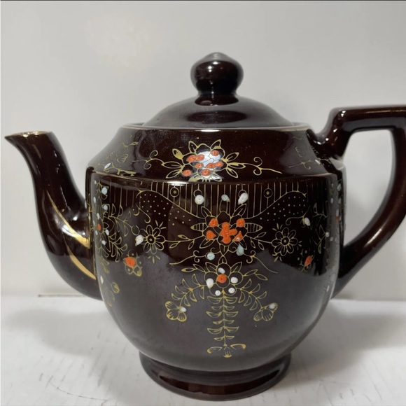 Vintage Brown Betty Redware Teapot Enamel Hand Painted Made In Japan. - Picture 1 of 11